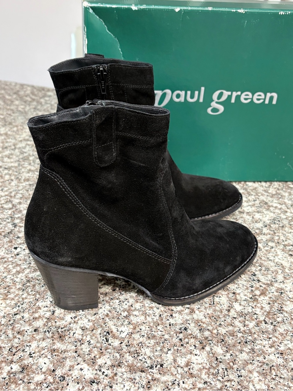 Paul Green Black Suede Mid-Heel Ankle Booties